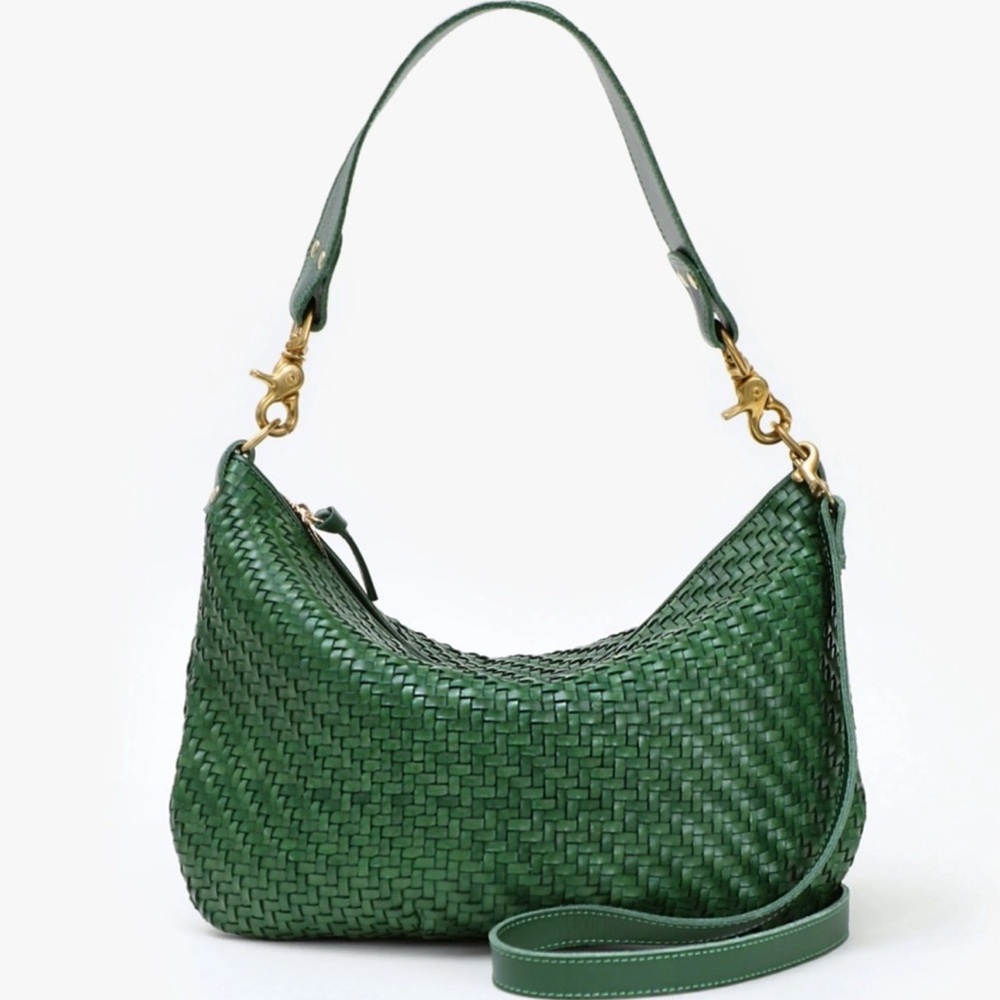 Clare V. Moyen Messenger in Evergreen woven zig zag leather